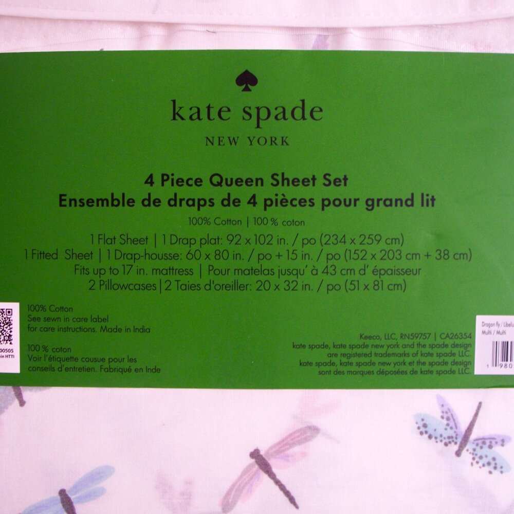 Kate Spade Queen Sheet Set 4pc Dragonfly Colorful Pink Blue Purple NEW - Picture 3 of 5